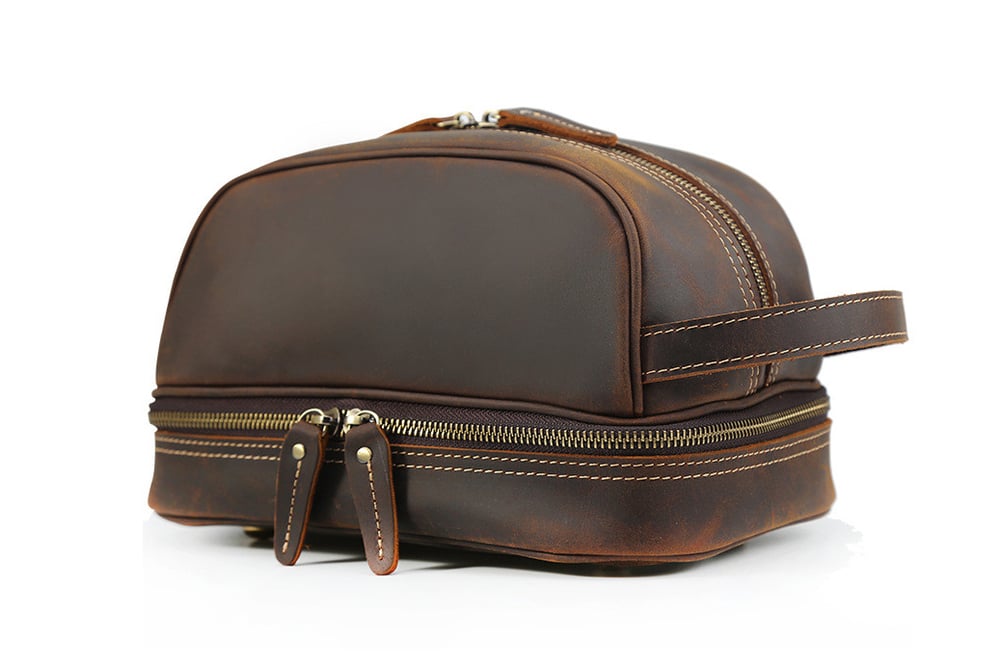 Image of Men Leather Toiletry Bag Double Compartment Toiletry Travel Case 8814