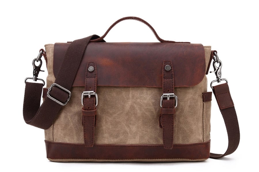 Image of Waterproof Waxed Canvas Messenger Bag, Canvas Leather Briefcase, Laptop Bag YC09