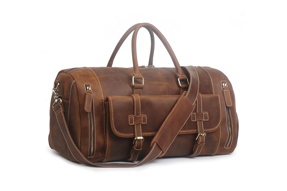 Image of Large Size Handmade Leather Travel Bag with Shoes Compartment, Duffel Bag LJ1188L