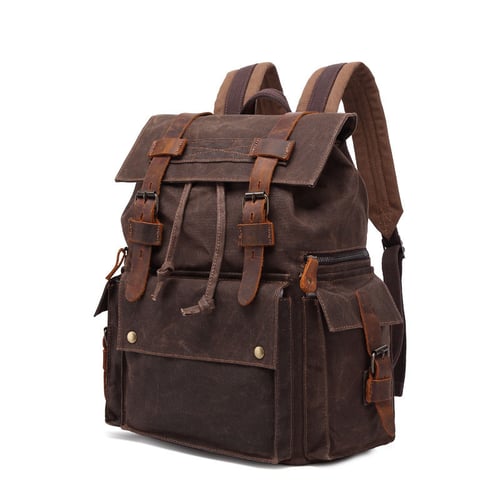 Image of Waxed Canvas Backpack, Men Leather Rucksack, Travel Backpack Waterproof Canvas Leather Backpack YC01
