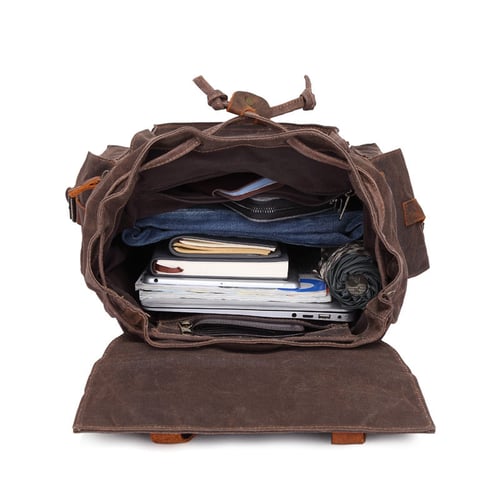 Image of Waxed Canvas Backpack, Men Leather Rucksack, Travel Backpack Waterproof Canvas Leather Backpack YC01