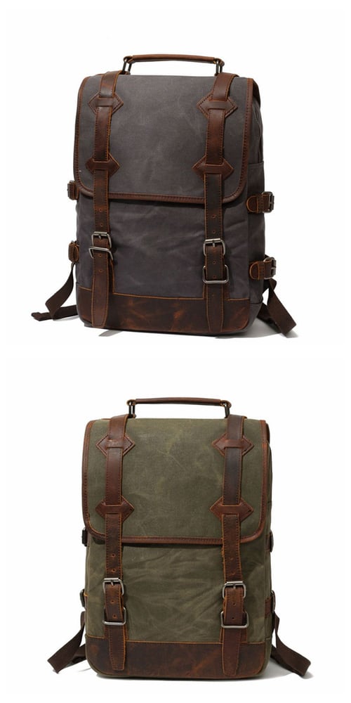 Image of Waxed Canvas Rucksack with Leather Trim, Mens Leather Backpack, Travel Backpack 16990