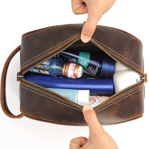 Image of Men Leather Toiletry Bag Double Compartment Toiletry Travel Case 8814