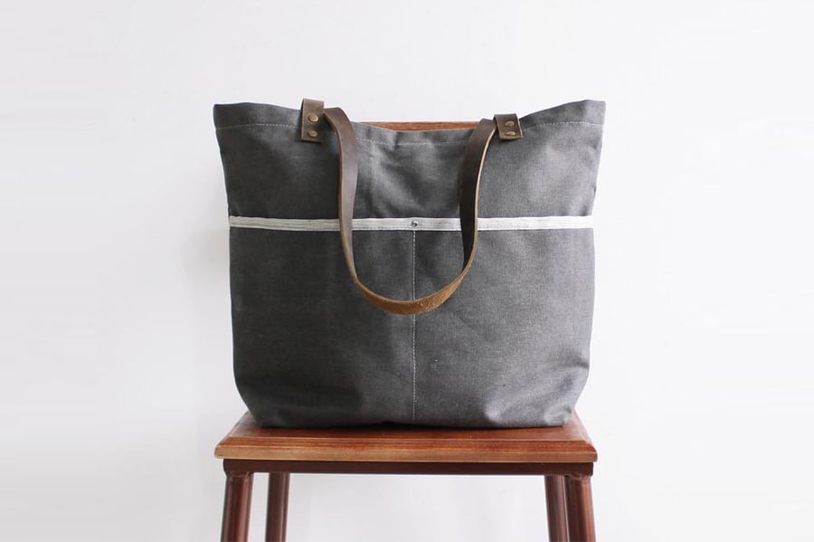 Image of Waxed Canvas with Leather Tote Bag, Shoulder Bag, School Bag 14043