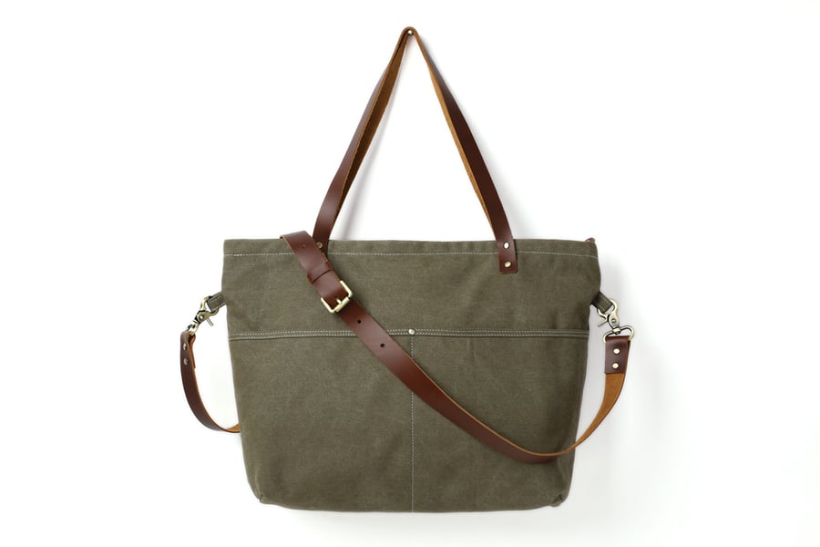 Image of Washed Canvas with Leather Women Tote Bag, Shoulder Bag, Diaper Bag, Handbag 14022